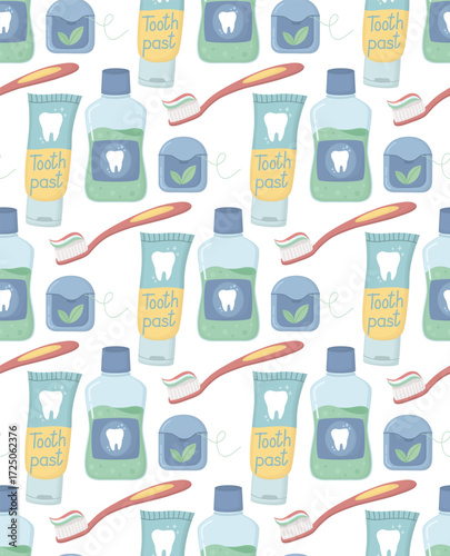 Seamless pattern with toothpaste, dental floss, toothbrush and mouthwash. Background with dental hygiene products