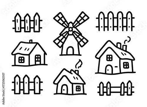 Hand-drawn rural icons: house, windmill, fence doodles in black and white