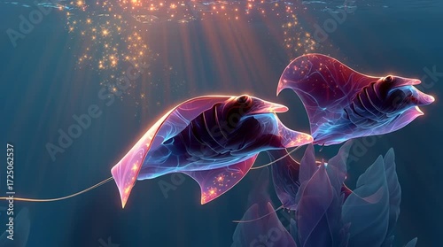 Vidéo artistique de raies manta majestueuses bioluminescentes nageant dans un océan surréaliste