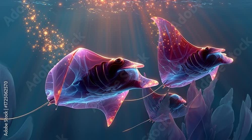 Vidéo artistique de raies manta majestueuses bioluminescentes nageant dans un océan surréaliste