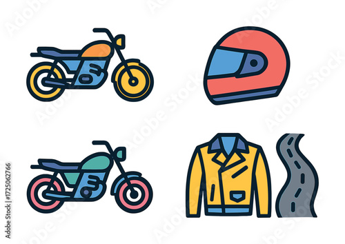 Motorcycle gear and road icon set with bikes, helmet, jacket, and roadway elements