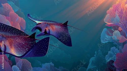 Vidéo artistique de raies manta majestueuses bioluminescentes nageant dans un océan surréaliste