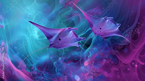 Vidéo artistique de raies manta majestueuses bioluminescentes nageant dans un océan surréaliste