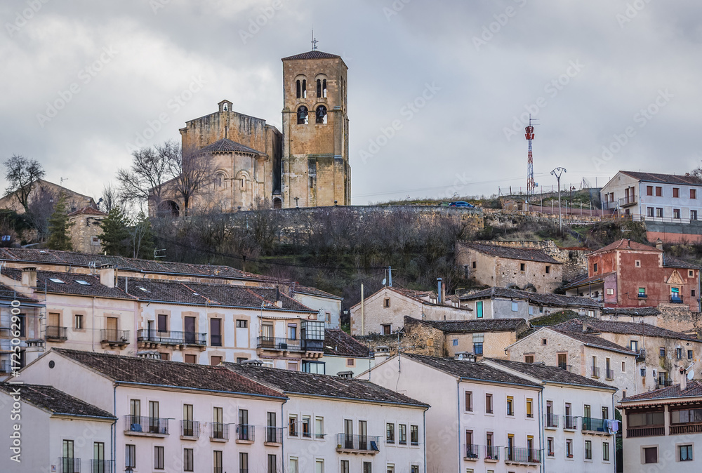 Fototapeta premium Aerial view in Sepulveda town with tower of Nuestra Senora de la Pena Church, Spain