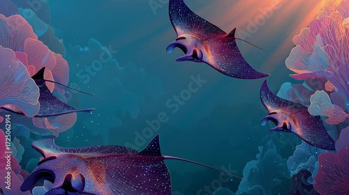 Vidéo artistique de raies manta majestueuses bioluminescentes nageant dans un océan surréaliste
