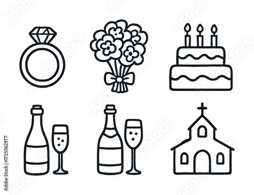 Hand-drawn wedding icons: ring, bouquet, cake, champagne, church