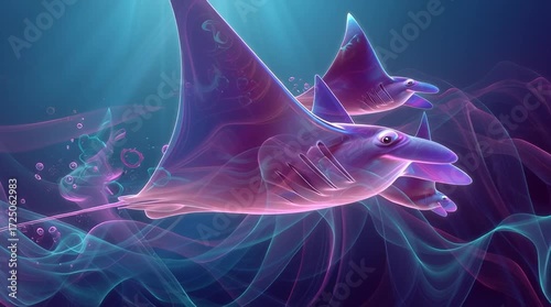 Vidéo artistique de raies manta majestueuses bioluminescentes nageant dans un océan surréaliste