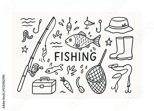 Fishing gear and fish illustration with rod, hooks, worms, and boots