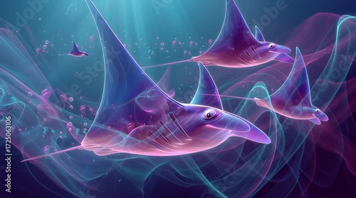 Vidéo artistique de raies manta majestueuses bioluminescentes nageant dans un océan surréaliste