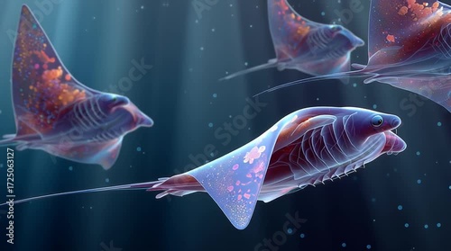 Vidéo artistique de raies manta majestueuses bioluminescentes nageant dans un océan surréaliste