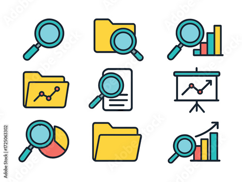 Magnifying glass and analyzing data icons in flat style