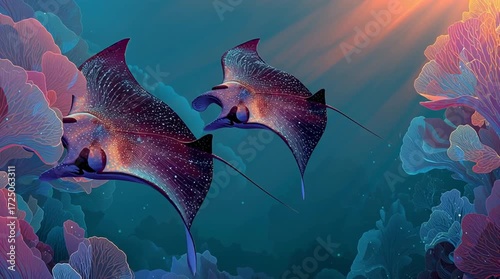 Vidéo artistique de raies manta majestueuses bioluminescentes nageant dans un océan surréaliste