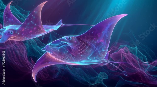 Vidéo artistique de raies manta majestueuses bioluminescentes nageant dans un océan surréaliste