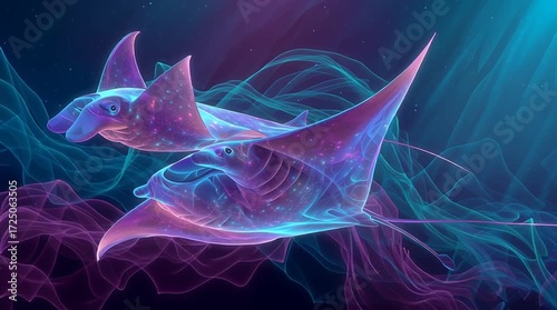 Vidéo artistique de raies manta majestueuses bioluminescentes nageant dans un océan surréaliste