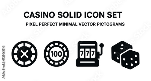 Casino solid icon set: chip, slot machine, dice pictograms