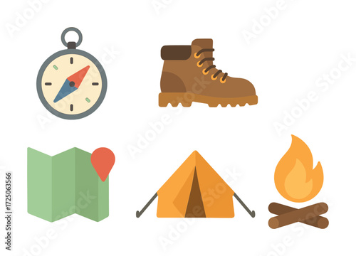 Camping essentials: compass, hiking boot, map, tent, campfire icons