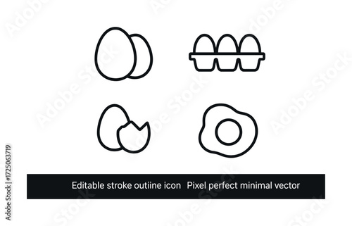 Minimal egg icons: whole, cracked, carton, fried - editable stroke outline
