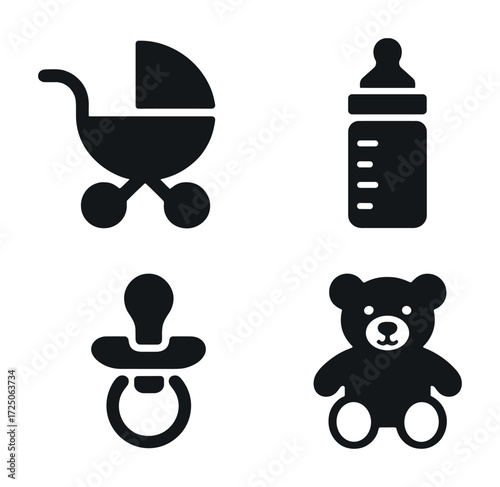 Baby essentials icon set: stroller, bottle, pacifier, teddy bear