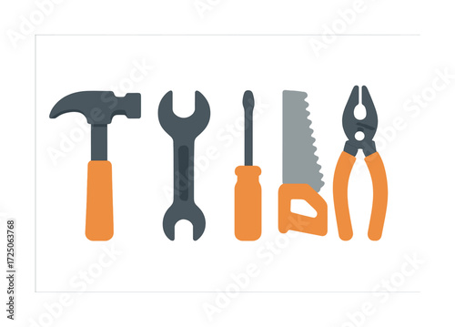 Set of essential hand tools hammer wrench screwdriver saw pliers with orange handles