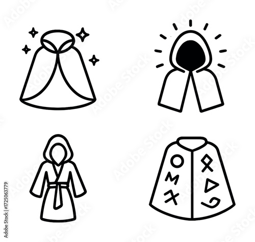 Mystical robes and capes icons set with magical symbols and hooded designs