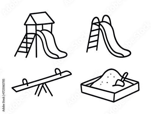 Playground equipment icons: slide, sandbox, seesaw - line art illustration