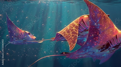 Vidéo artistique de raies manta majestueuses bioluminescentes nageant dans un océan surréaliste