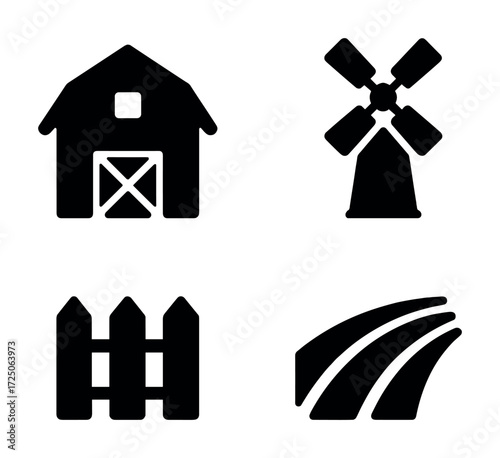 Black icons of barn, windmill, fence, and field on white background