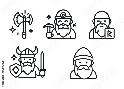 Viking and miner icons set with bearded men and tools