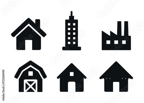 Set of six building icons: house, skyscraper, factory, barn, home, hut silhouettes