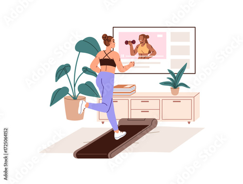 Woman is jogging on treadmill, watching online fitness. Girl running, does cardio training with sports equipment at home. Athlete does exercises at workout. Flat isolated vector illustration on white