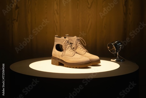Stylish suede ankle boots with cutouts and laces, presented on a spotlighted display.