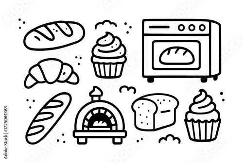 Assorted bakery goods and oven icons in black and white illustration