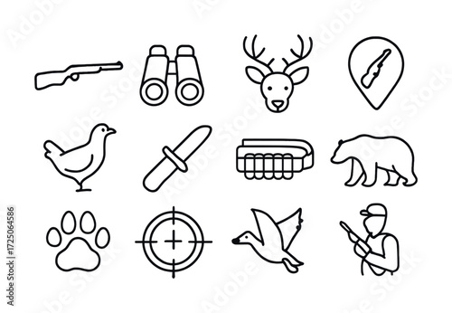 Hunting icons set: gun, binoculars, deer, chicken, knife, bear, paw, target, duck, hunter