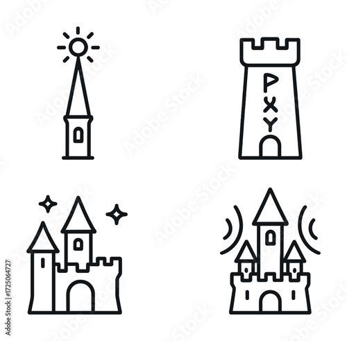 Minimalist castle and tower icons with medieval themes in line art style
