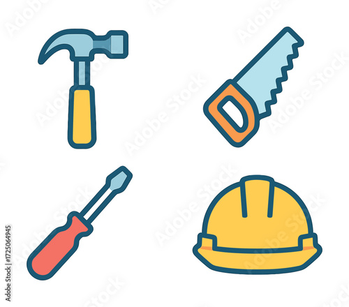 Colorful construction tools: hammer, saw, screwdriver, hard hat icons