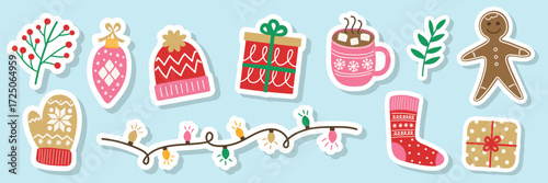 Set with colourful Christmas stickers. Christmas tree, ball, present, sock, cookie, cup, hat, sweater, gloves. Vector illustration