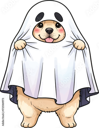 Cartoon dog dressed as a ghost for Halloween, holding up the sheet.
