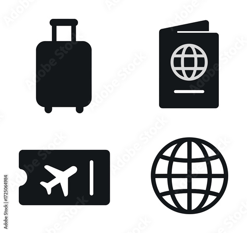 Travel essentials: suitcase, passport, ticket, globe icons