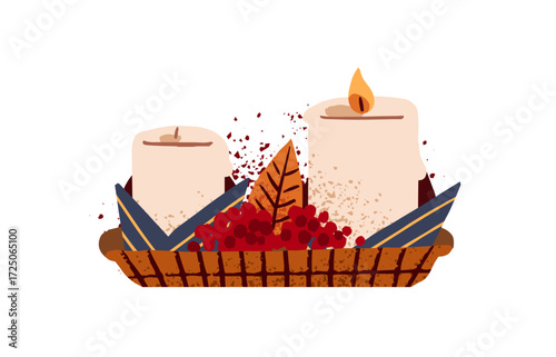 Burning aroma candles with dry autumn leaf. Cozy candlelights with fire, flame. Home decor, interior decoration with fall aesthetics. Flat isolated drawing vector illustration on white background