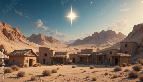 Serene desert village under starry sky is illuminated by bright star, surrounded by rugged mountains and sparse vegetation, creating peaceful and mystical atmosphere