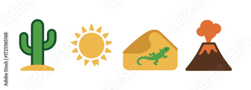 Desert icons: cactus, sun, lizard on rock, volcano eruption in simple design