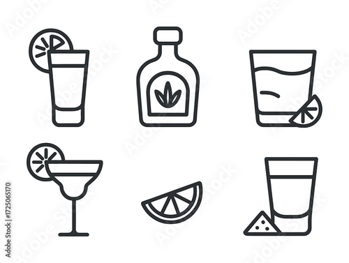 Tequila icons with shots, bottle, glass, and citrus slice