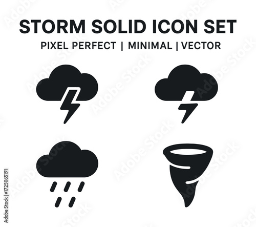 Storm solid icon set: minimal weather symbols with lightning, rain, and tornado