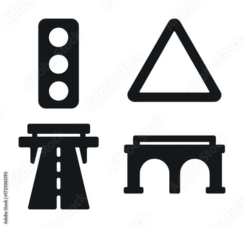 Traffic light, warning triangle, highway, bridge silhouettes in black icon set