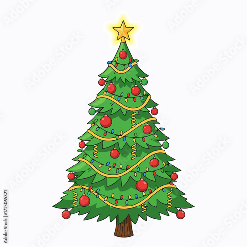 Festive Christmas Tree Illustration Decorated with Ornaments and Lights