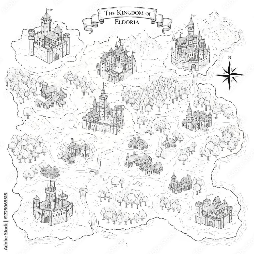 Naklejka premium Illustration of a fantasy map featuring various castles, forests, and a compass on a white background with intricate line drawings.