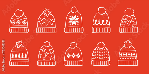 Cute hand drawn winter hat set. Christmas elements. Vector illustration