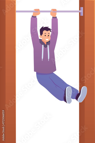 Athlete in sportswear does pull up exercise on sport ground, vector sportsman hanging on horizontal bar, street workout