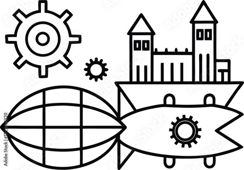 steampunk cityscape with airships and gears illustration on transparent background