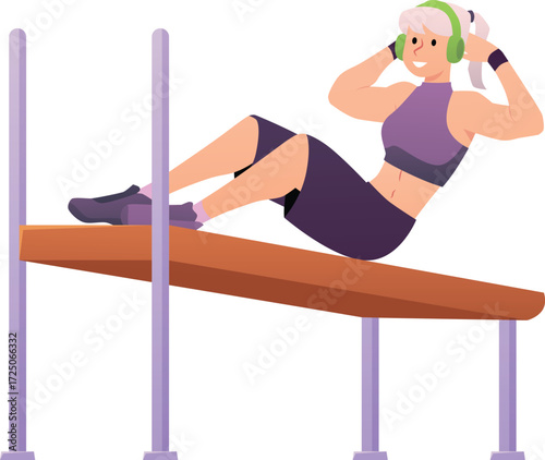 Athlete woman with headphones in sportswear does abdominal exercises, vector sportswoman training, street or gym workout